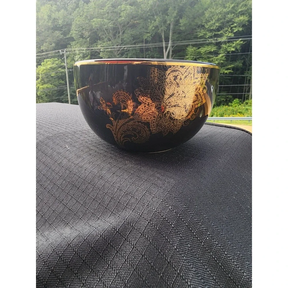 Guilded Noel Holiday 08 Stoneware‎ Bowl Black With Golden Floral Design